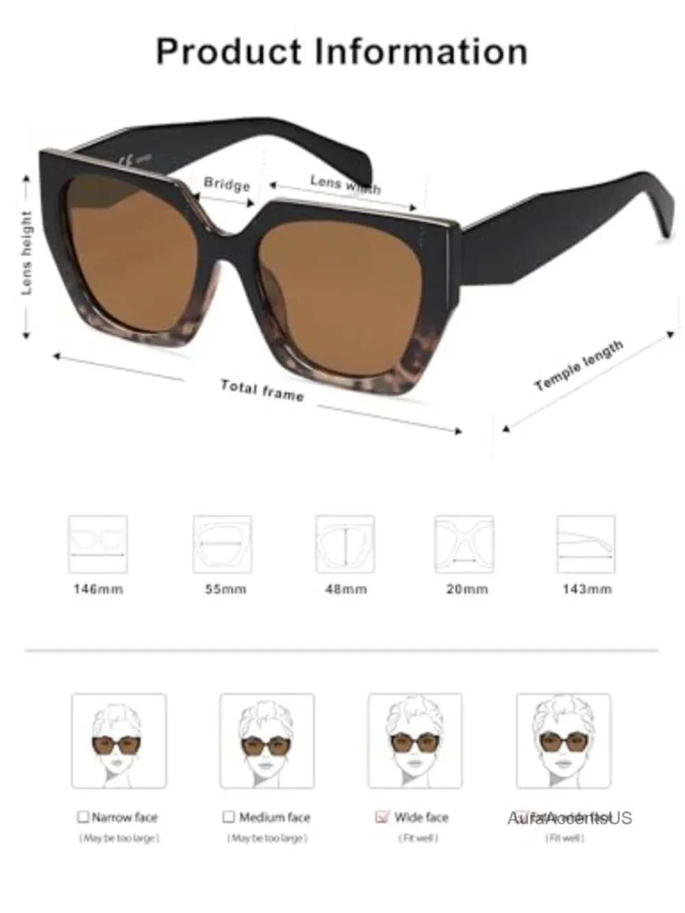 Oversized Polarized Square Cateye Sunglasses UV400 TAC Lens